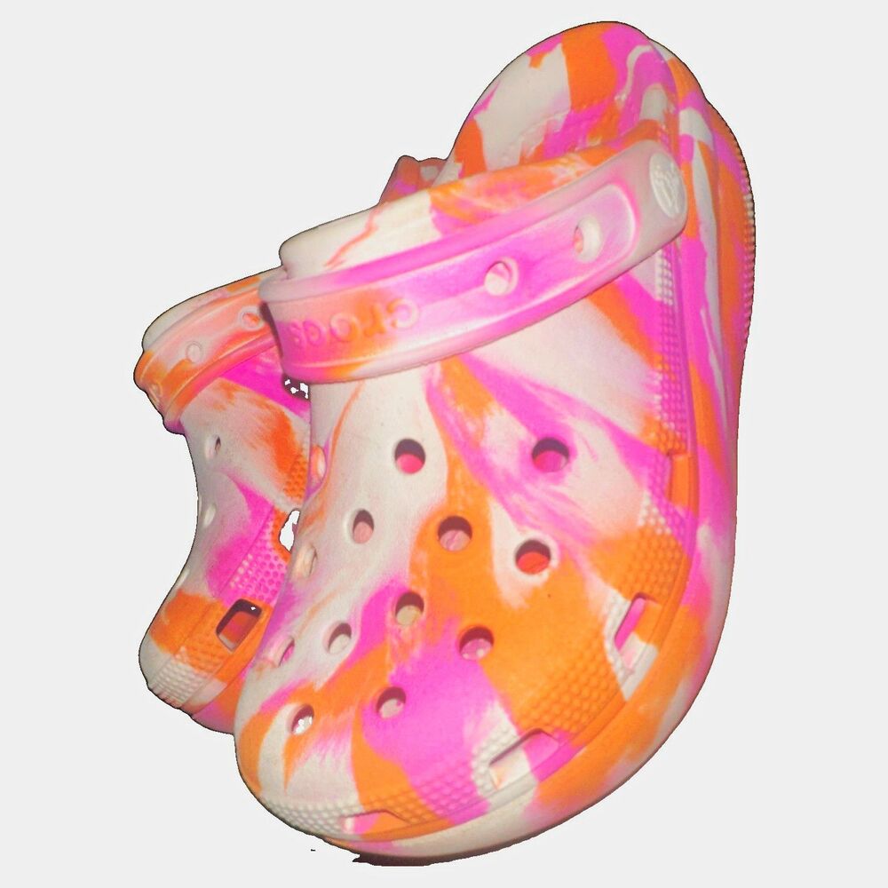 Crocs Classic Marbled Tie Dye Clogs Kids J2 Pink Orange White Slip On Shoes